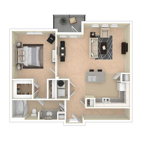Floor plan for 1 bed, 1 bath, 884 sqft